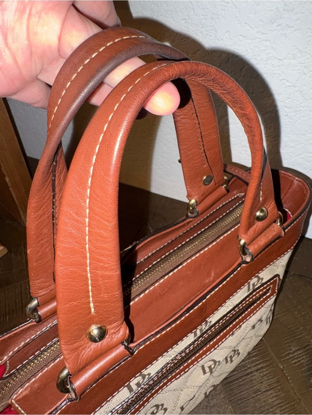 Dooney & Bourke Signature DB Monogram Satchel | British Tan | Zip Top